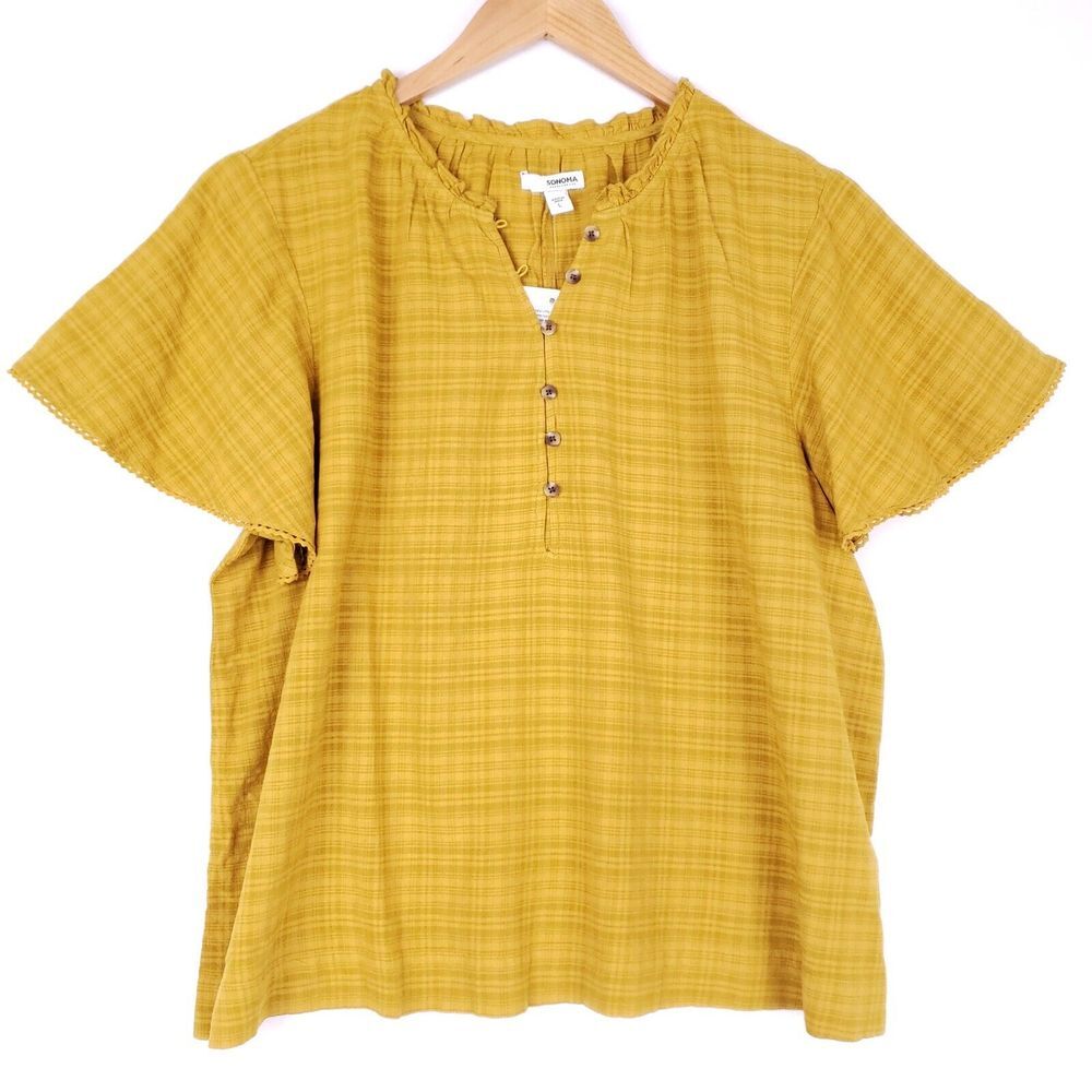 Sonoma Plaid Flutter Sleeve Tunic Top‎ Women Large Yellow Cottagecore Prairie
